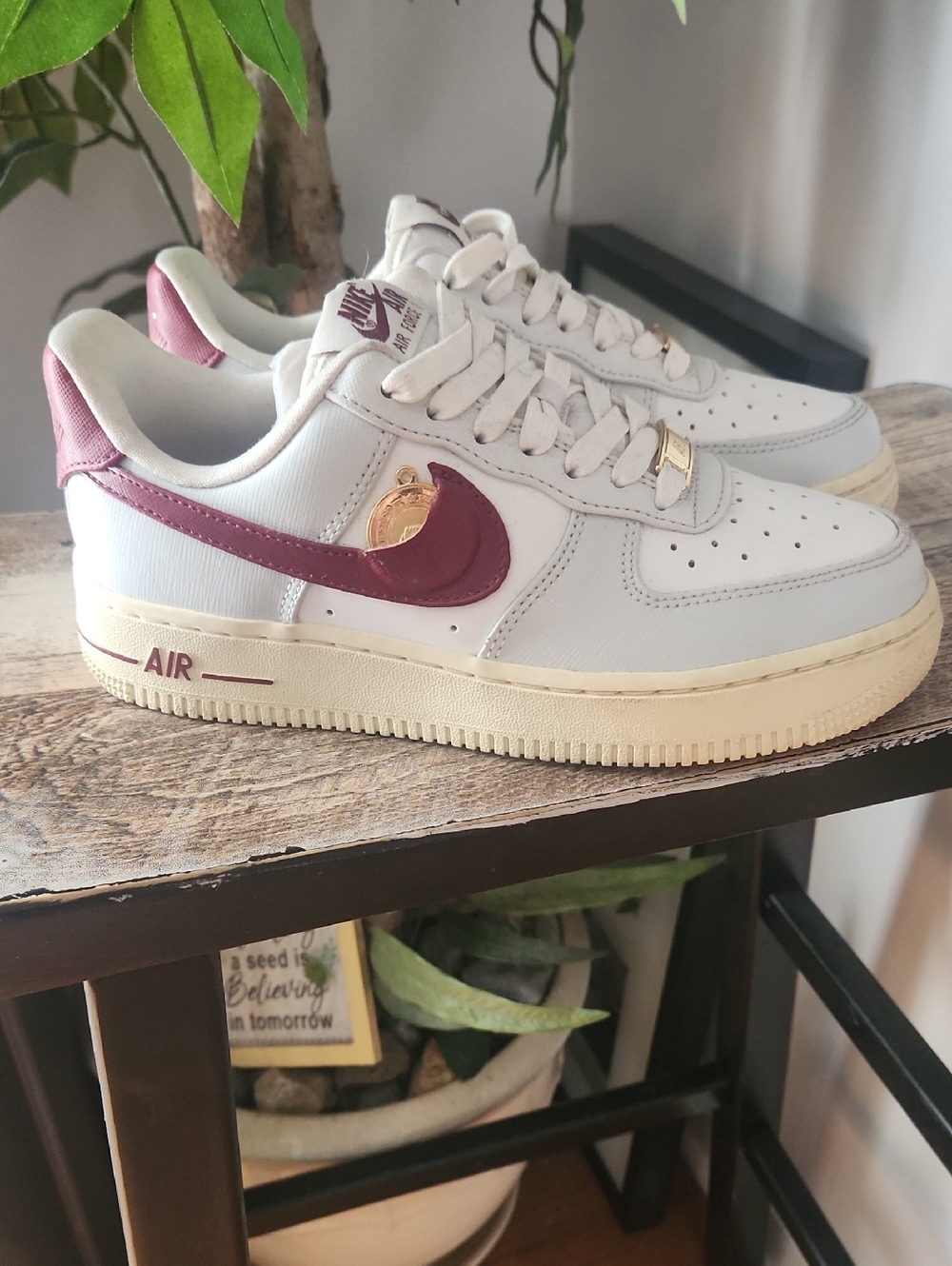 Nike Women’s Air Force 1 Low White with Burgundy Swoosh and Heel